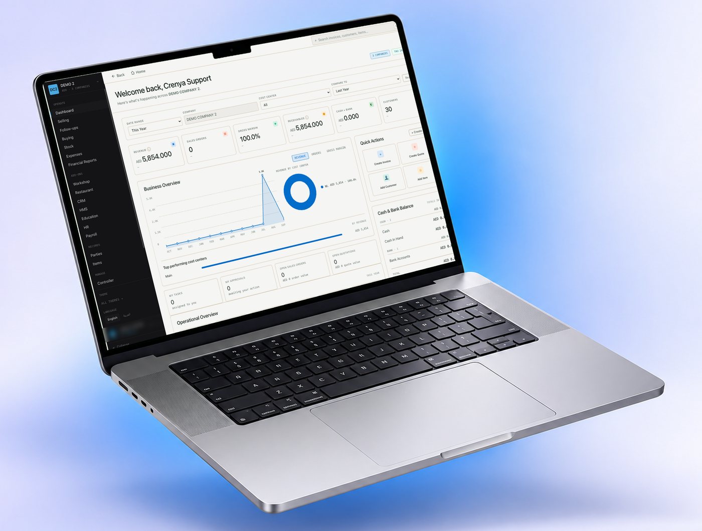 The crenya erp dashboard on a laptop: revenue, receivables, a business overview chart, quick actions and cash and bank balances