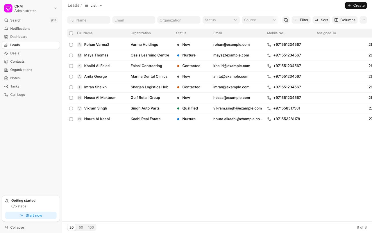 Frappe CRM's leads list: names, organisations, status (new, contacted, nurture, qualified), email and mobile numbers