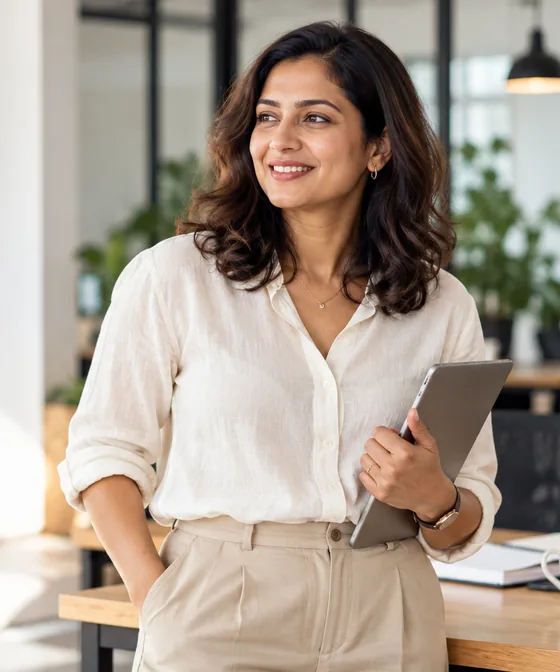 A business owner in a bright office, tablet in hand, smiling