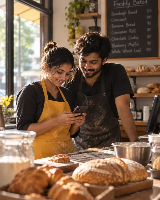 Two bakers in aprons at a Kerala bakery counter smiling at an order on a phone, fresh bread in front of them and a chalkboard menu behind.
