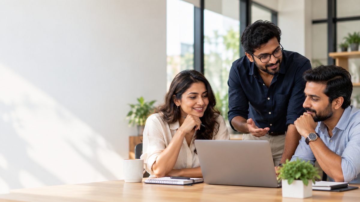 Three colleagues smiling as they review work together on a laptop