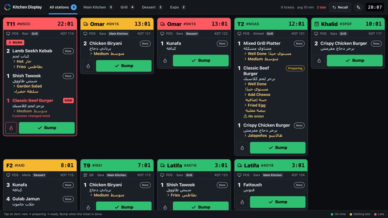 The kitchen display: tickets per table and delivery order, coloured by age, with modifiers in English and Arabic, a rush ticket, a voided item and a Bump button on each